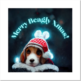 Christmas Cute Beagle in Xmas Hat Posters and Art